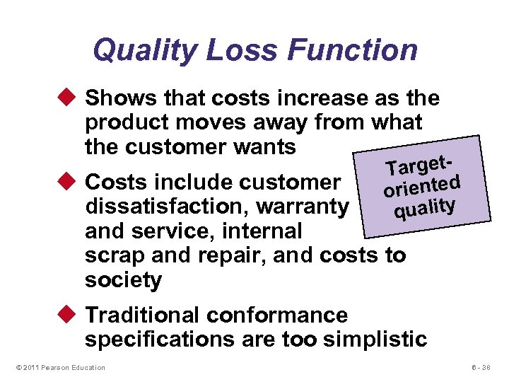 Quality Loss Function u Shows that costs increase as the product moves away from