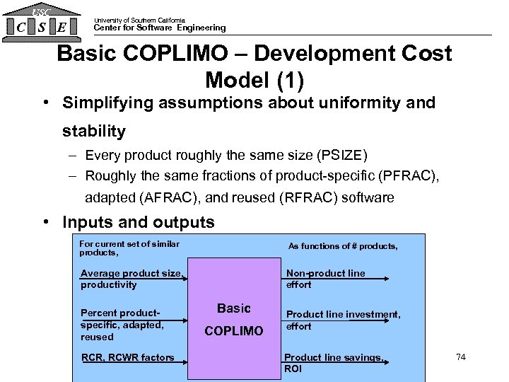 USC C S E University of Southern California Center for Software Engineering Basic COPLIMO