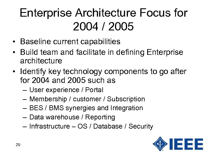 Enterprise Architecture Focus for 2004 / 2005 • Baseline current capabilities • Build team