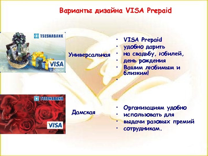 Варианты дизайна VISA Prepaid • • Универсальная • • Дамская • • VISA Prepaid