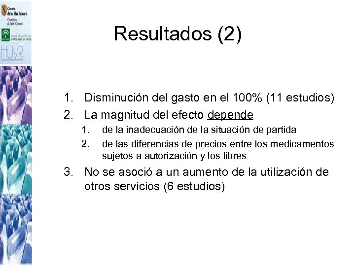 Resultados (2) 1. Disminución del gasto en el 100% (11 estudios) 2. La magnitud