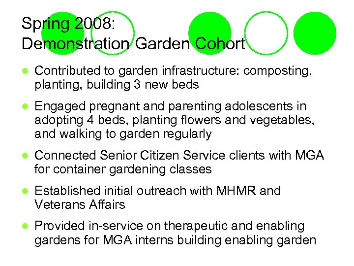 Spring 2008: Demonstration Garden Cohort l Contributed to garden infrastructure: composting, planting, building 3