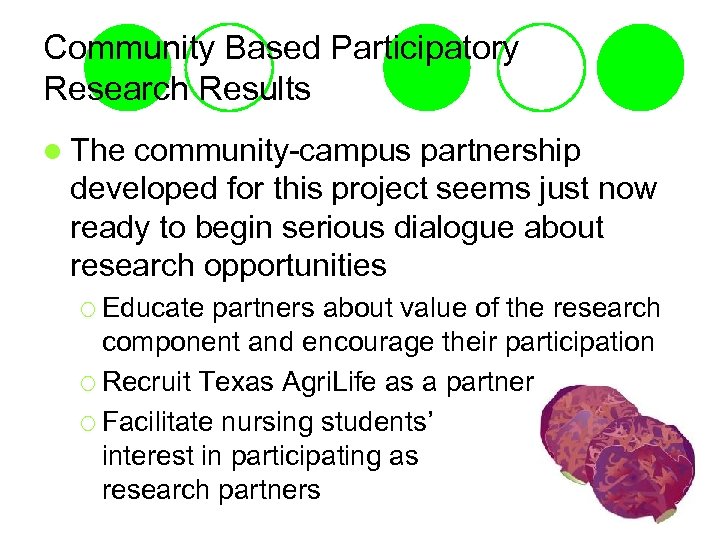 Community Based Participatory Research Results l The community-campus partnership developed for this project seems