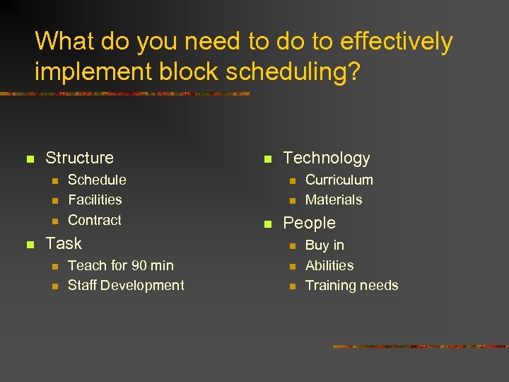 What do you need to do to effectively implement block scheduling? n Structure n