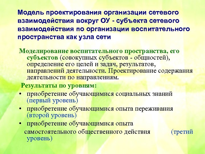 Модель проектирования организации сетевого взаимодействия вокруг ОУ - субъекта сетевого взаимодействия по организации воспитательного