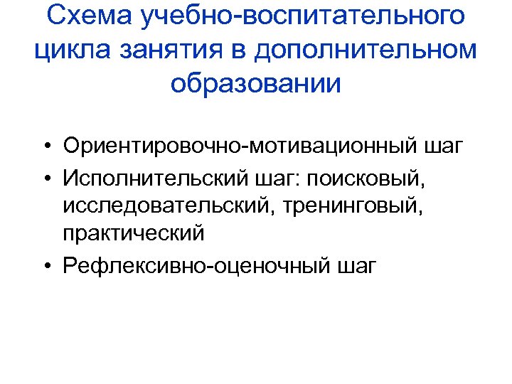 Схема учебно-воспитательного цикла занятия в дополнительном образовании • Ориентировочно-мотивационный шаг • Исполнительский шаг: поисковый,