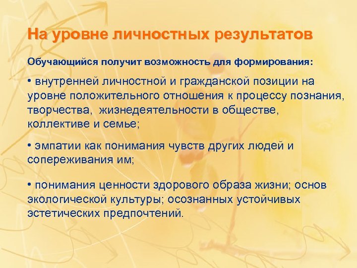 На уровне личностных результатов Обучающийся получит возможность для формирования: • внутренней личностной и гражданской
