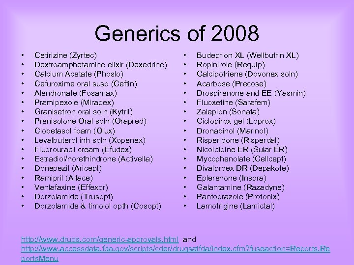 Generics of 2008 • • • • • Cetirizine (Zyrtec) Dextroamphetamine elixir (Dexedrine) Calcium