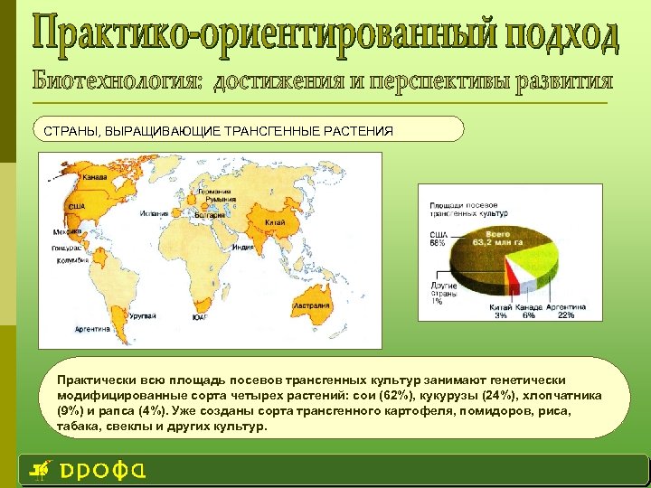 СТРАНЫ, ВЫРАЩИВАЮЩИЕ ТРАНСГЕННЫЕ РАСТЕНИЯ Практически всю площадь посевов трансгенных культур занимают генетически модифицированные сорта