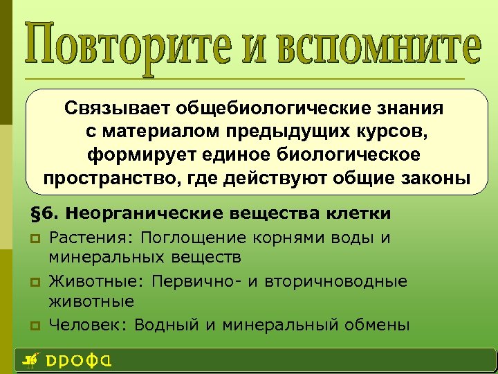 Связывает общебиологические знания с материалом предыдущих курсов, формирует единое биологическое пространство, где действуют общие