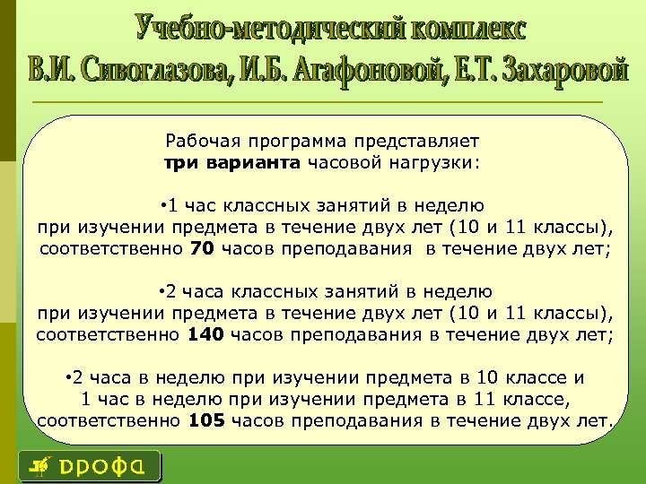 Рабочая программа представляет три варианта часовой нагрузки: • 1 час классных занятий в неделю