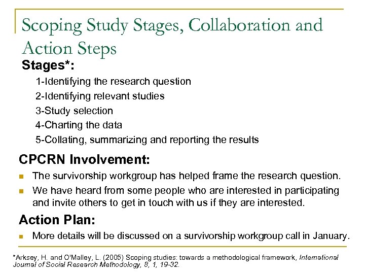 Scoping Study Stages, Collaboration and Action Steps Stages*: 1 -Identifying the research question 2