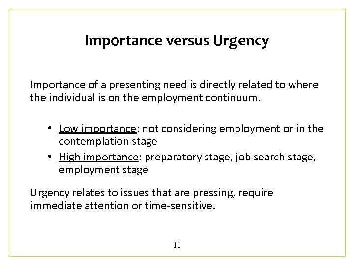 Importance versus Urgency Importance of a presenting need is directly related to where the