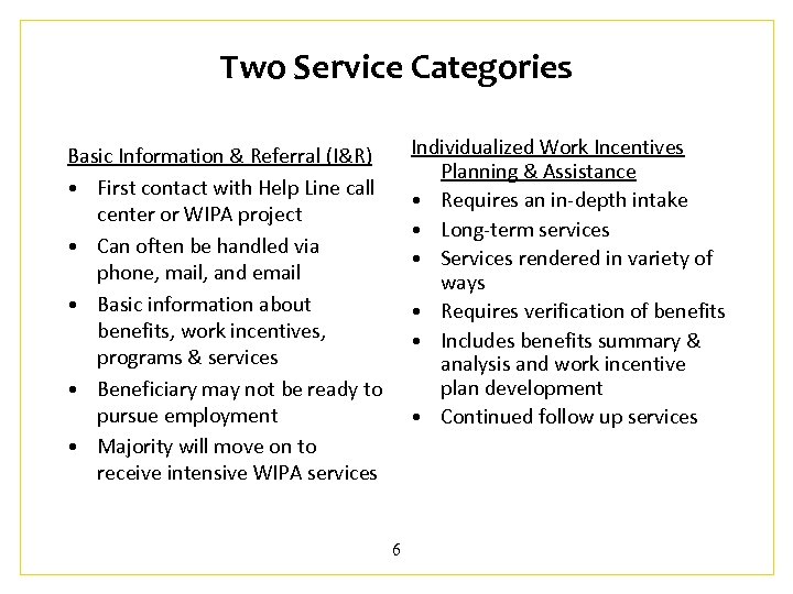 Two Service Categories Individualized Work Incentives Planning & Assistance • Requires an in-depth intake