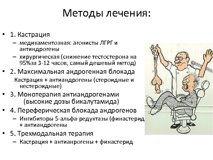 Методы лечения: • 1. Кастрация – медикаментозная: агонисты ЛГРГ и антиндрогены – хирургическая (снижение