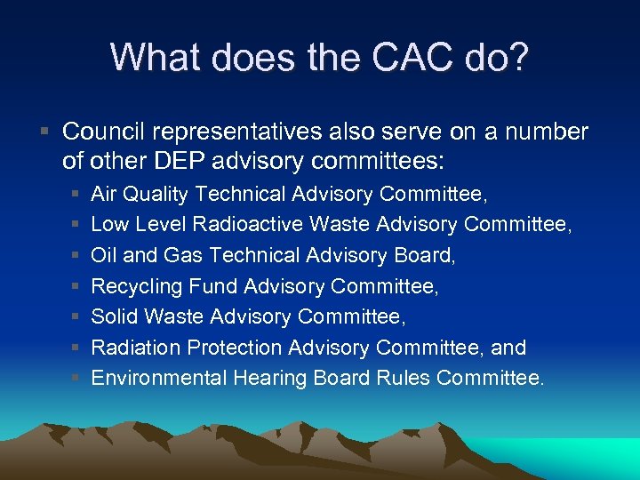 What does the CAC do? § Council representatives also serve on a number of