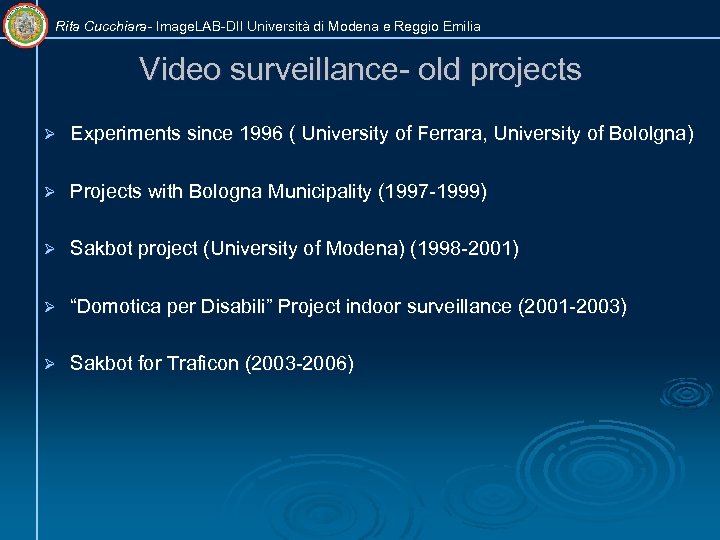 Rita Cucchiara- Image. LAB-DII Università di Modena e Reggio Emilia Video surveillance- old projects