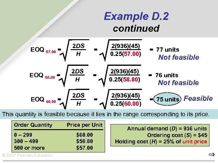 Example D. 2 continued EOQ 57. 00 = 2 DS H = EOQ 58.