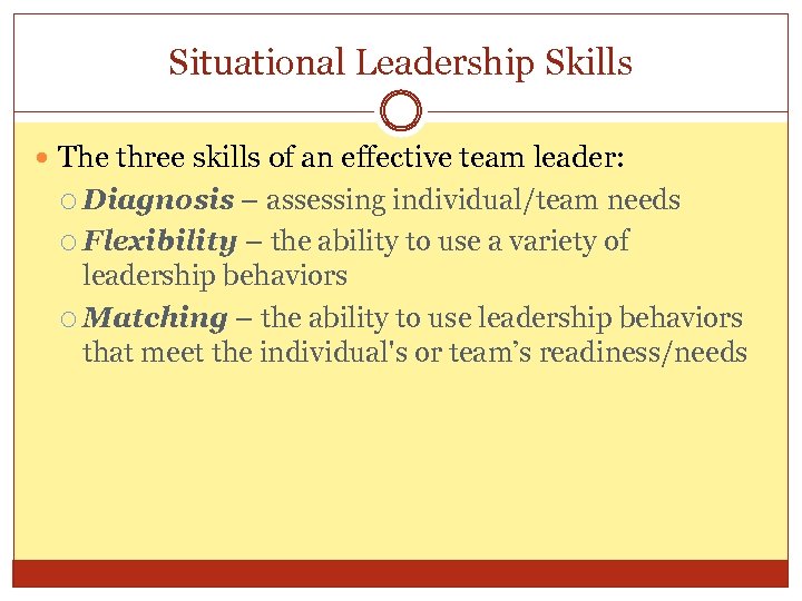 Situational Leadership Skills The three skills of an effective team leader: Diagnosis – assessing