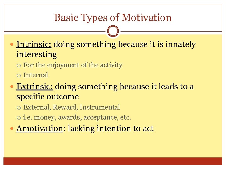 Basic Types of Motivation Intrinsic: doing something because it is innately interesting For the