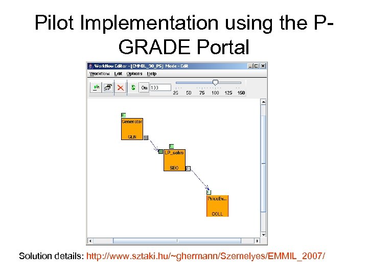 Pilot Implementation using the PGRADE Portal Solution details: http: //www. sztaki. hu/~ghermann/Szemelyes/EMMIL_2007/ 