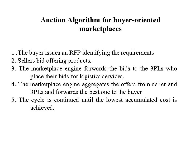 Auction Algorithm for buyer-oriented marketplaces 1. The buyer issues an RFP identifying the requirements