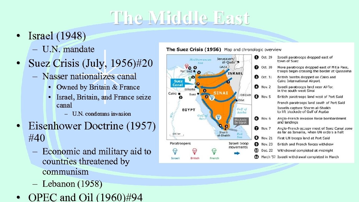 The Middle East • Israel (1948) – U. N. mandate • Suez Crisis (July,