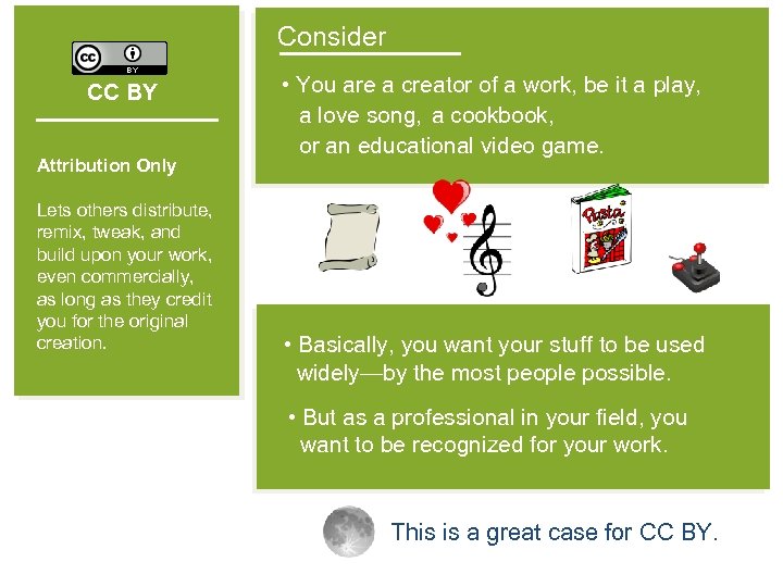 Consider CC BY Attribution Only Lets others distribute, remix, tweak, and build upon your