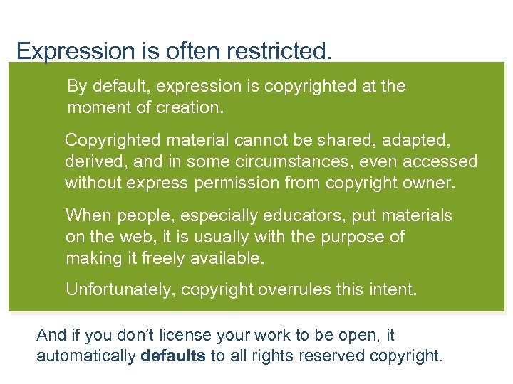 Expression is often restricted. By default, expression is copyrighted at the moment of creation.