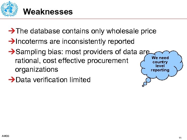 Weaknesses ÚThe database contains only wholesale price ÚIncoterms are inconsistently reported ÚSampling bias: most