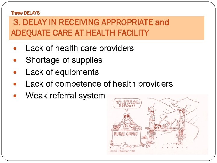 Three DELAYS 3. DELAY IN RECEIVING APPROPRIATE and ADEQUATE CARE AT HEALTH FACILITY Lack