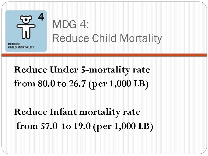 MDG 4: Reduce Child Mortality Reduce Under 5 -mortality rate from 80. 0 to