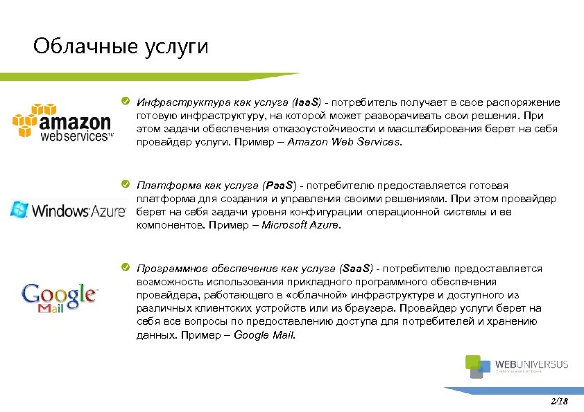 Облачные услуги Инфраструктура как услуга (Iaa. S) - потребитель получает в свое распоряжение готовую