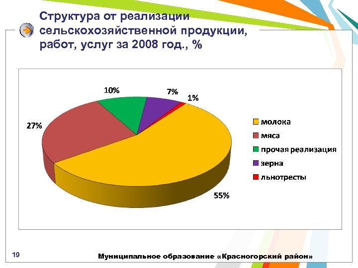 Структура от реализации сельскохозяйственной продукции, работ, услуг за 2008 год. , % 19 Муниципальное