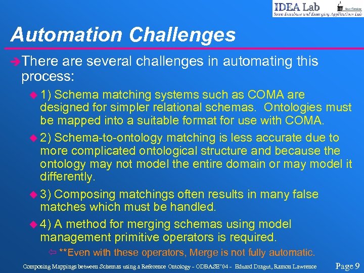 Automation Challenges èThere are several challenges in automating this process: u 1) Schema matching