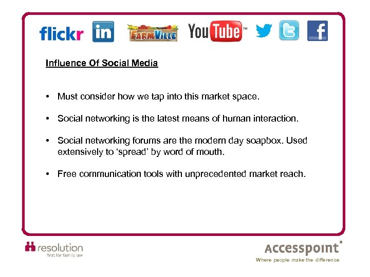Influence Of Social Media • Must consider how we tap into this market space.