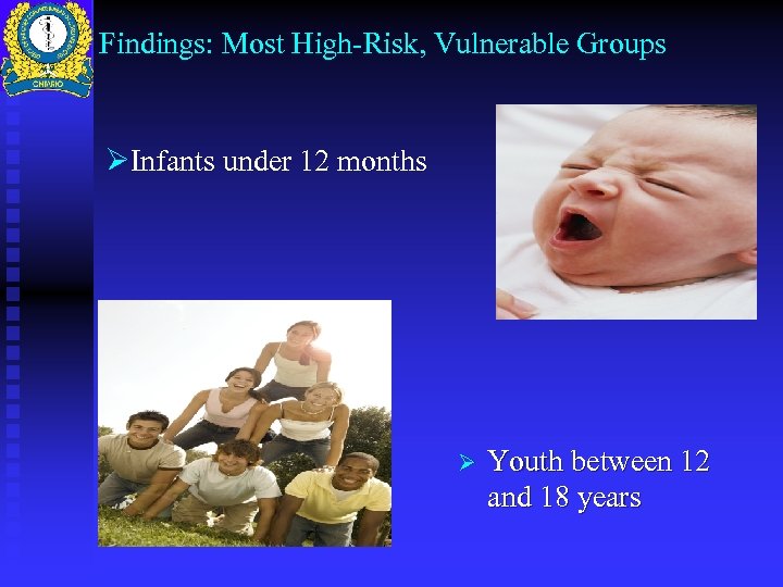 Findings: Most High-Risk, Vulnerable Groups ØInfants under 12 months Ø Youth between 12 and