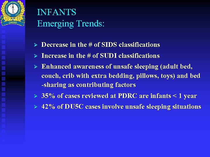 INFANTS Emerging Trends: Ø Decrease in the # of SIDS classifications Ø Increase in