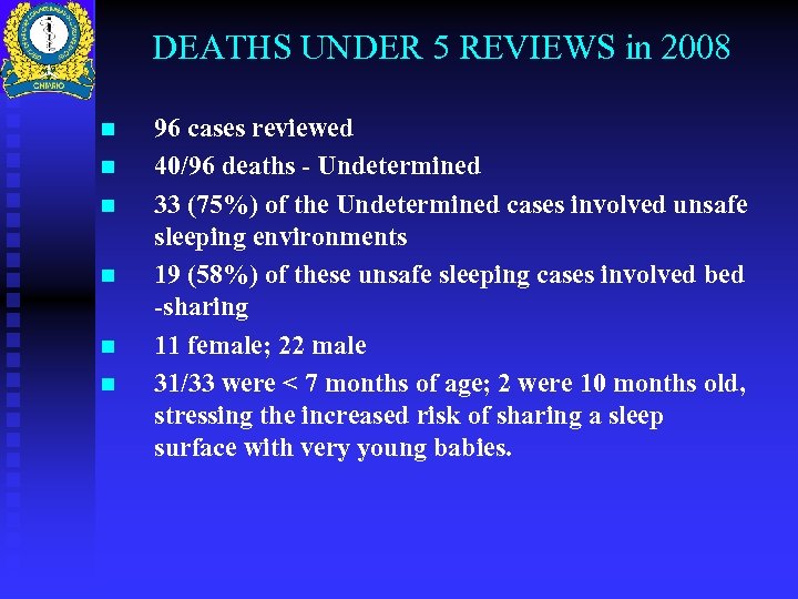 DEATHS UNDER 5 REVIEWS in 2008 n n n 96 cases reviewed 40/96 deaths