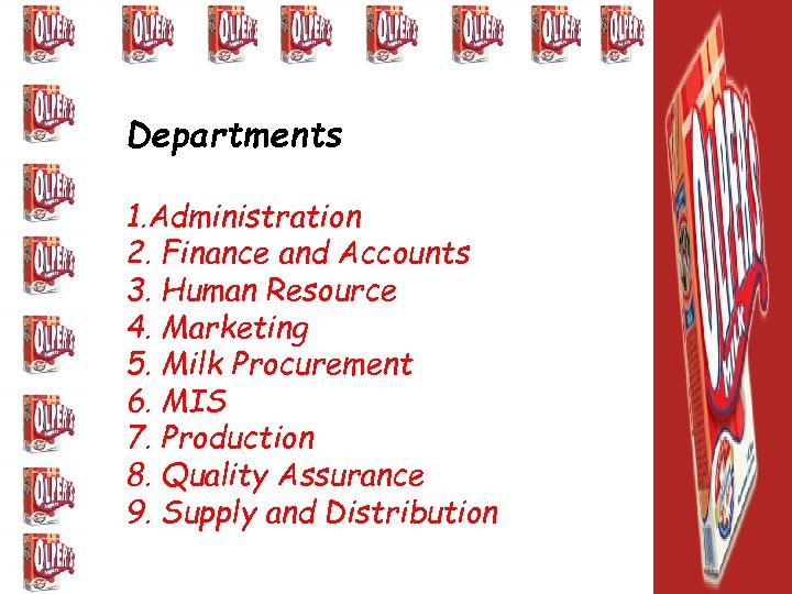 Departments 1. Administration 2. Finance and Accounts 3. Human Resource 4. Marketing 5. Milk