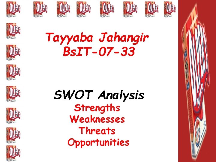 Tayyaba Jahangir Bs. IT-07 -33 SWOT Analysis Strengths Weaknesses Threats Opportunities 