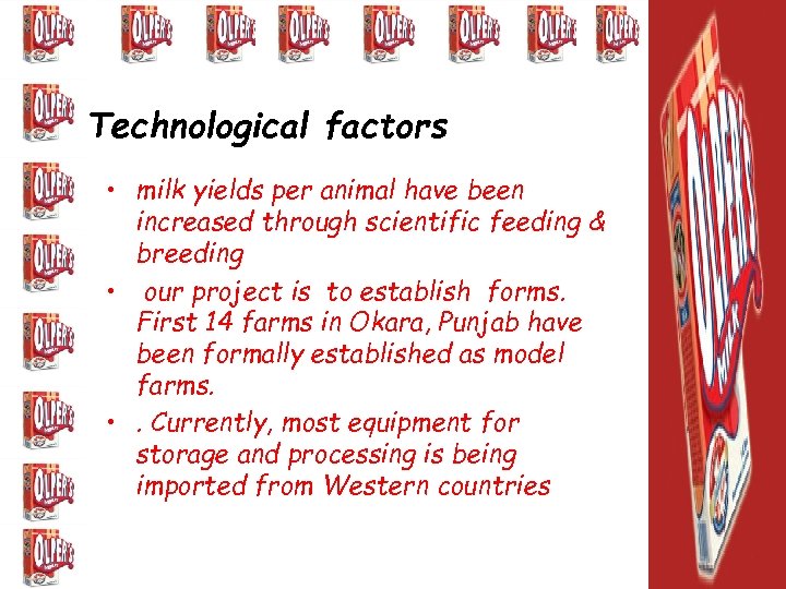 Technological factors • milk yields per animal have been increased through scientific feeding &