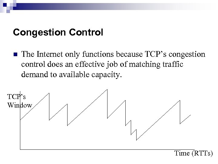 Congestion Control n The Internet only functions because TCP’s congestion control does an effective