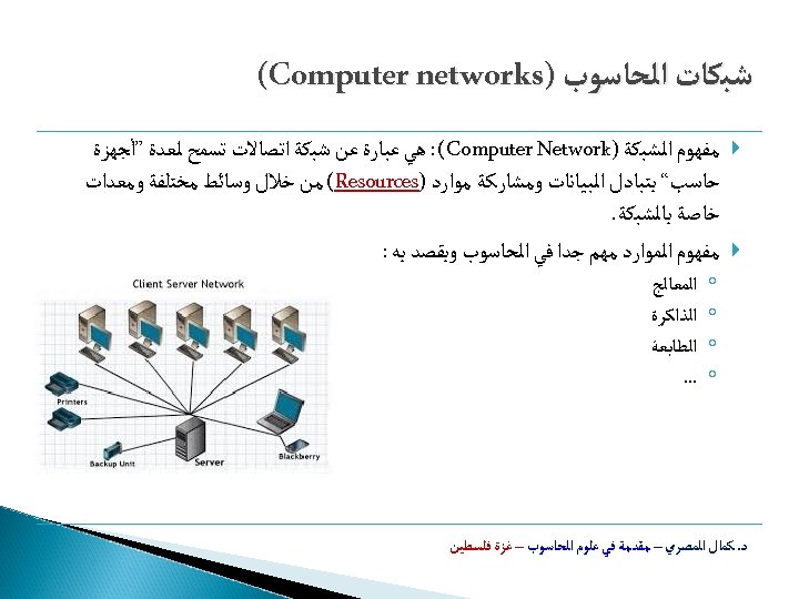  ﺷﺒﻜﺎﺕ ﺍﻟﺤﺎﺳﻮﺏ ) (Computer networks ﻣﻔﻬﻮﻡ ﺍﻟﺸﺒﻜﺔ ) : (Computer Network ﻫﻲ ﻋﺒﺎﺭﺓ