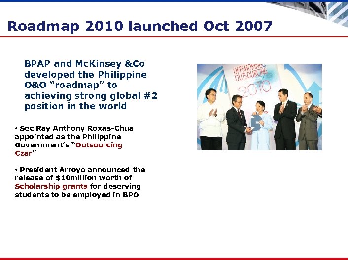 Roadmap 2010 launched Oct 2007 BPAP and Mc. Kinsey &Co developed the Philippine O&O