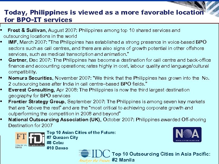 Today, Philippines is viewed as a more favorable location for BPO-IT services • Frost