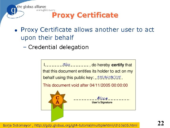 Proxy Certificate allows another user to act upon their behalf – Credential delegation Borja