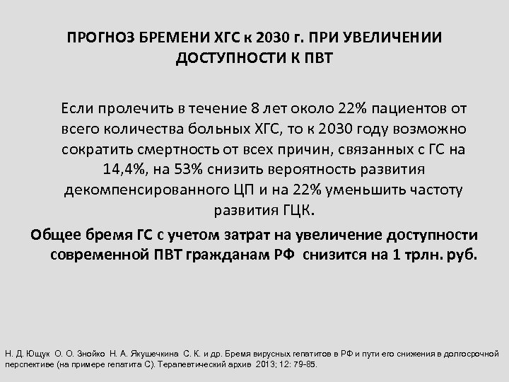ПРОГНОЗ БРЕМЕНИ ХГС к 2030 г. ПРИ УВЕЛИЧЕНИИ ДОСТУПНОСТИ К ПВТ Если пролечить в