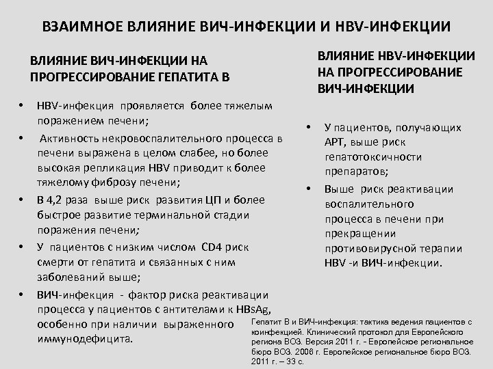 ВЗАИМНОЕ ВЛИЯНИЕ ВИЧ-ИНФЕКЦИИ И HBV-ИНФЕКЦИИ ВЛИЯНИЕ ВИЧ-ИНФЕКЦИИ НА ПРОГРЕССИРОВАНИЕ ГЕПАТИТА B • • •