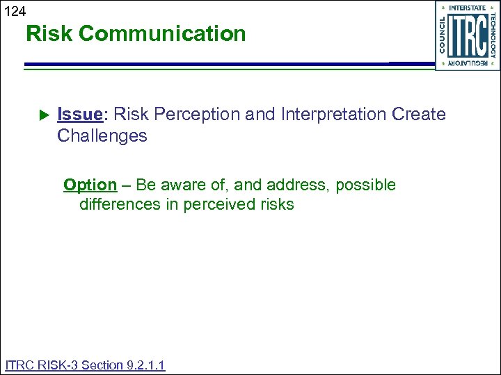 124 Risk Communication Issue: Risk Perception and Interpretation Create Challenges Option – Be aware